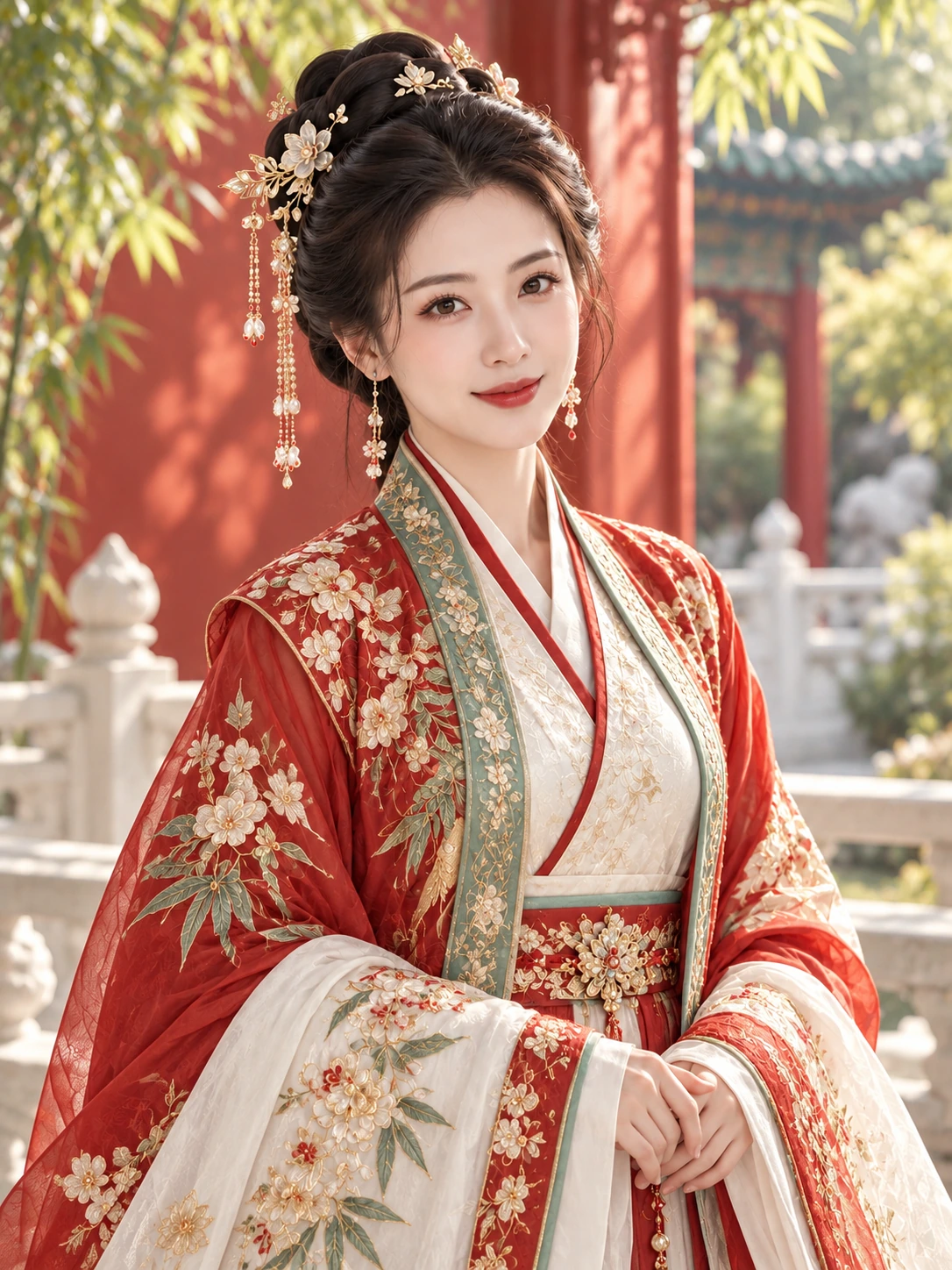 朱红玉白汉服的成年中国女性,在日光园林中